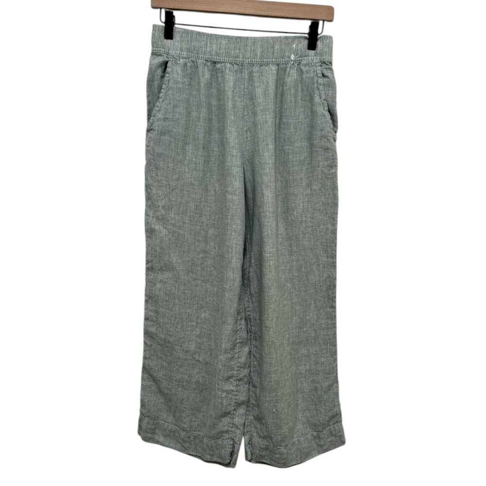 TAHARI 100% Linen Light Green Cropped Wide Leg Pull On Pants Size Small
